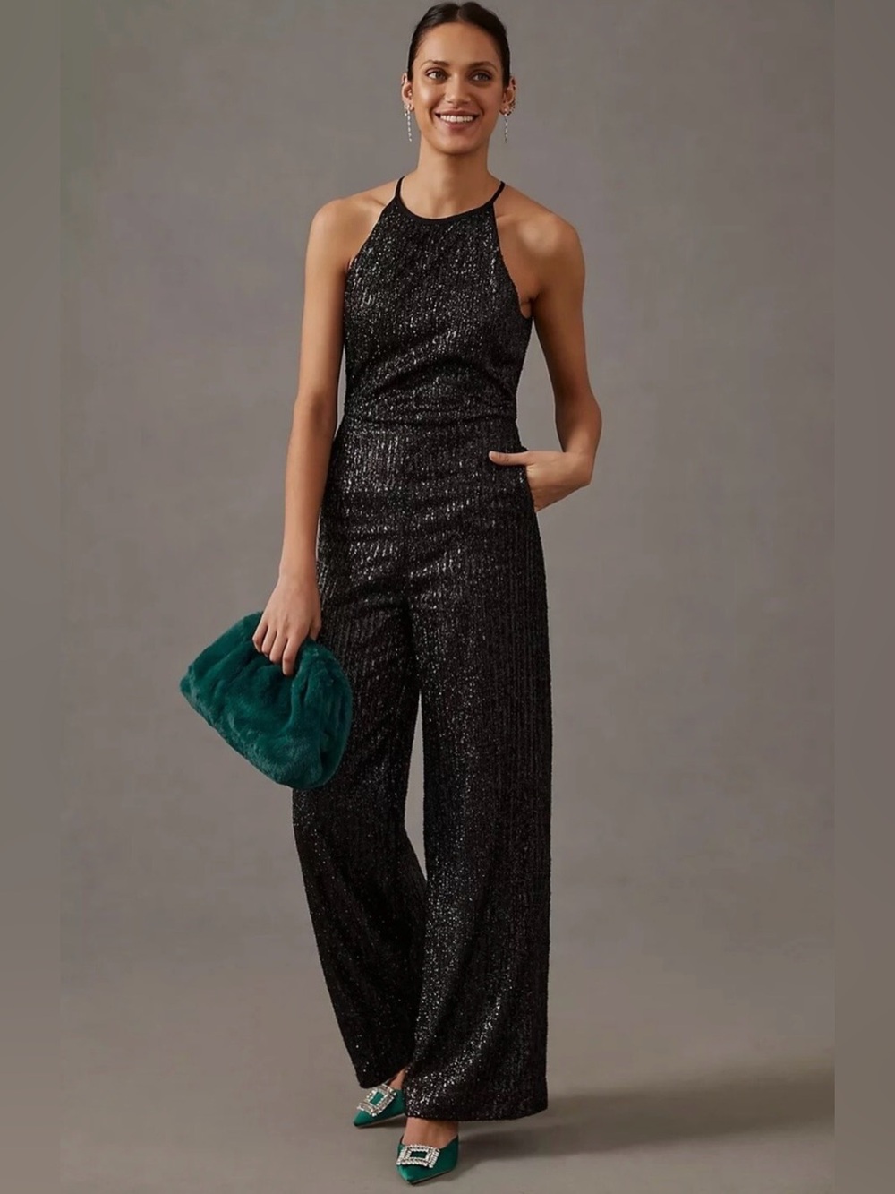 Maeve Anthropologie Black Sequin Halter Wide Leg Disco Jumpsuit Womens 8